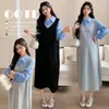 Vestido de maternidad en stock, ropa de otoño, blusa de dos piezas falsa, vestido de maternidad, nuevo vestido sudadera largo de maternidad 2026