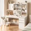 Tocador simple para habitación de niñas, estilo INS color crema, tocador de maquillaje de gran capacidad, escritorio integrado con estantería para estudiantes