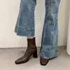 Botas Longas para Outono e Inverno, Caimento Justo, Versátil, Estilo Coreano, Zíper Traseiro, Bico Quadrado, Novo Design Elástico, Confortáveis para Pés Cansados, Temporada de Inverno, Salto Grosso