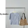 Camisa de Algodón Puro Rayas Verticales Azul Claro para Mujer Manga Corta Verano 2025 Nueva Moda Top con Mangas Abullonadas Tendencia