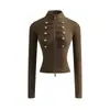 Cardigan Retro com Gola Alta Napoleão Fivela de Metal Zíper Feminino Outono Slim Fit Valoriza o Corpo Manga Longa Jaqueta Curta Top Hot Girl