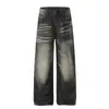 Jeans de Pierna Ancha con Patrón de Bambú Texturizado y Efecto Desgastado para Hombre, Nuevo Estilo Primavera e Invierno, Pantalones Casuales Rectos Holgados con Gradiente y Bigotes para Mujer