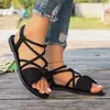 Verão Transfronteiriço Novo Estilo Laço Cruzado Tira Elástica Cruzada Sola Plana Feminino Tamanho Grande Comércio Exterior Macio Solado Casual Sapatos de Praia