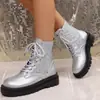 Novas Botas Martin de Cadarço com Renda e Lantejoulas Outono 2025 para Mulheres, Tamanho Grande, Plataforma de Solado Grosso, Emagrecimento, Estilo Europeu e Americano, Botas Curtas de Bico Redondo