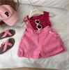 Conjunto de duas peças de suspensórios jeans para meninas 2025, novo conjunto infantil de verão com suspensórios e shorts listrados
