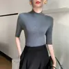 Tejido de Punto de Lana de Hilo Fino de una Sola Pieza Cuello Alto Medio 2026 Primavera/Verano Nuevo Color Sólido Canalé Ajustado Camiseta Básica