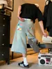 Pantalones Cargo de Verano Unisex Estilo Retro Americano con Estampado Pierna Recta Cortos de Mezclilla Tendencia