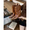Versão em couro - Botas de tornozelo de bico fino estilo coreano com salto oculto, novo estilo feminino, botas versáteis de calçar fácil com perna reta