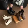 Estilo simple, botines ajustados para mujer, colección de invierno, punta redonda, tacón bajo, tacón grueso, botines cortos, versátiles, efecto adelgazante, con cremallera trasera, botines de moda, color blanco roto