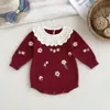 Mameluco de punto bordado floral de algodón puro para bebé, mameluco suéter con cuello de encaje para bebé niña