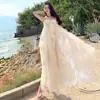 Vestido de Alça de Chiffon Floral Deadwood Reborn para Mulheres, Vestido Longo para Férias de Verão, Vestido de Fada, Damasco Glaceado