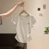 Camiseta Blanca de Manga Corta de Algodón Puro para Mujer, Verano, Cuello Redondo, Hombro Derecho, Petite, Ajustada, Cintura Plisada, Top Corto Básico