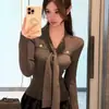 Suéter base de punto con cuello en V y manga larga, diseño estilo coreano Andi Velvet Washed, top versátil y elegante de manga larga