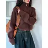 Suéter de Tricô Vermelho com Zíper e Gola Meia-Alta Inspirado em Design para Mulheres, Estilo Curto, Roupas Femininas para Outono e Inverno, Cintura Alta, Solto, Suéter Macio