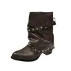 Versão em couro macio~Botas curtas com tachas e bico fino estilo coreano para mulheres, botas de verão pretas com fivela de cinto empilhada, botas de cavaleiro vintage, estilo western