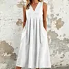 Vestido largo casual de verano para mujer, transfronterizo europeo y americano, de color liso, suelto, con bolsillos, escote en V, sin mangas, de longitud media