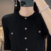 Top Pulóver de Seda Hielo Nuevo Estilo Verano 2023 para Mujer, Suéter de Punto de Manga Corta Estilo Chanel, Corte Ajustado, Cuello Redondo
