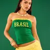 Top Tubo Picante Estilo Brasileño Transfronterizo con Adorno de Encaje y Estampado de Brasil, Corsé Corto Ajustado sin Tirantes