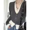 Cardigan Tricotado Falso Duas Peças para Mulheres 2024 Estilo Coreano Primavera e Outono Gola V Pequena Versátil Camada Base Suéter Outer