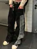 Jeans Patchwork Preto e Cinza com Estampa de Estrelas por Toda Parte para Homens, Estilo Retro Americano, Calça Longa Reta Solta Street Style
