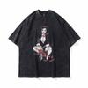 TKPA Marca de Moda Americana High Street Camiseta Vintage Estampada Lavada Desgastada de Manga Corta para Hombre y Mujer Vibe Estilo Perezoso Camiseta de Media Manga