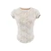 Camiseta Blanca de Encaje para Mujer, Manga Corta, Cuello Redondo, Corte Ajustado, Estilo de Lujo Ligero con Elemento de Encaje de Verano 2026, Top Elegante y Versátil