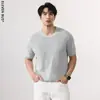 Camiseta Casual Versátil Pesada Estilo Retrô Japonês para Homens, Estilo Trendy Old Money, Cor Sólida Gola Redonda Manga Curta