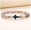 Pulsera de 8 mm de Piedra Natural Energética Pino Blanco Pino Azul Cristal Cruz de Metal Pulsera Deportiva Juvenil Pulsera