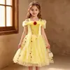 En stock vestido de princesa Belle para niñas bordado pesado flor de rosa falda de gasa amarilla vestido de actuación de cumpleaños para niña pequeña