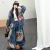 Conjunto Denim Estampado Retro Americano Novo para Meninas Jaqueta com Fita Vermelha Calça de Perna Larga Bordado Pesado Calça Longa Cimitarra