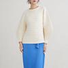 Suéter Plisado de Moda Estilo Japonés Invierno Nuevo Cuello Redondo Holgado Manga Larga Tejido de Punto Top Rayado Simple de Alta Gama para Mujer
