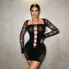 Vestido mini ajustado de manga larga, grueso, con patrón de red, estilo europeo y americano, vestido de punto sexy, disponible para envío inmediato y dropshipping