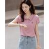 Camiseta Base de Manga Corta con Cuello Polo Estilo Inteligente Bordado Floral para Mujer Top Bordado para Mujer