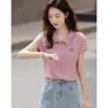 Camiseta Básica de Verano 2026 Estilo Inteligente con Mangas Cortas Volantes Cuello Polo Bordado Floral para Mujer