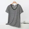Pijama de verão listrado de manga curta com decote V em modal para mulheres, nova camiseta casual solta plus size, top fino de alta elasticidade