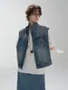 Colete Jeans Estilo Vintage com Gola Meia-Alta e Múltiplos Bolsos, Peça de Roupa sem Mangas para Mulheres