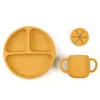Plato con Ventosa Resistente a Caídas, Tenedor, Cuchara y Taza de Silicona de Grado Alimenticio Transfronterizo, Set con Babero de Silicona