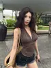 Camisola halter negra para chica sexy Ropa exterior para mujer Verano 2025 Escote en V bajo Sin mangas Espalda descubierta Malla interior Top corto