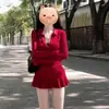 Vestido Vermelho Sexy de Gola Polo Estilo Maduro para Mulheres, Nova Roupa Íntima Transfronteiriça, Minissaia Plissada que Marca a Cintura