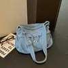 Bolsa de Jeans Lavado Cor Sólida Casual Simples Retrô para o Dia a Dia 2026 Nova Moda Bolsinha de Ombro Transversal Texturizada