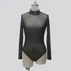 Macacão sexy transparente de malha costurada com mangas compridas europeu e americano, shorts femininos, performance de dança, boate, peça única sexy