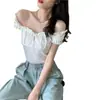 Top Corto con Volantes y Hombros Descubiertos con Cordón, Tejido Ajustado Sexy de Manga Corta para Mujer