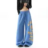 Calça de Moletom Color Block com Estampa de Letras Streetwear Masculina Outono Hip Hop Americano Dança Jazz Calça de Marca Tendência Solta Perna Larga Longa