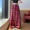 Pantalones de Lino a Cuadros para Mujer, Pierna Ancha, Adelgazantes y Versátiles, Cintura Alta, Caída Suelta, Nueve Puntos, Casual Rectos de Algodón y Lino, Cuadros Rosas