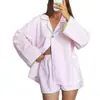 Conjunto de pijama estilo europeo y americano de poliéster y algodón con rayas de contraste, mangas largas y shorts, una nueva colección de otoño/invierno, que ofrece un look sofisticado para la ropa de estar por casa para mujer