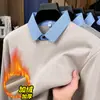 Nova Camisa Masculina de Outono e Inverno com Gola Falsa de Duas Peças Polo de Veludo Casual Masculino Tricô Patchwork Tricô para Homens