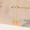 Pendientes Redondos de Plata de Ley S925 Chapados en Oro Ágata Roja del Sur Color Rojo Agua Cera de Abeja Jade de Agua Clara Esmalte Hoja de Bambú Yiluyin