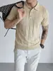 Camisa Polo de Lino Tencel Calibre 16 para Hombre, Top Delgado Transpirable de Manga Corta con Cuello Campana para Verano, Camiseta de Manga Corta Tejida Estilo Old Money
