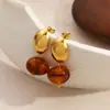 Pendientes Transfronterizos de Acero Inoxidable Estilo Retro Maillard Bola de Resina con Forma de Gota Moda Otoño e Invierno Pendientes Chapados en Oro Real de 18 Quilates
