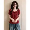 Blusa cuadrada de manga corta abullonada color burdeos para mujer, talla grande verano 2026, top favorecedor y que disimula el abdomen